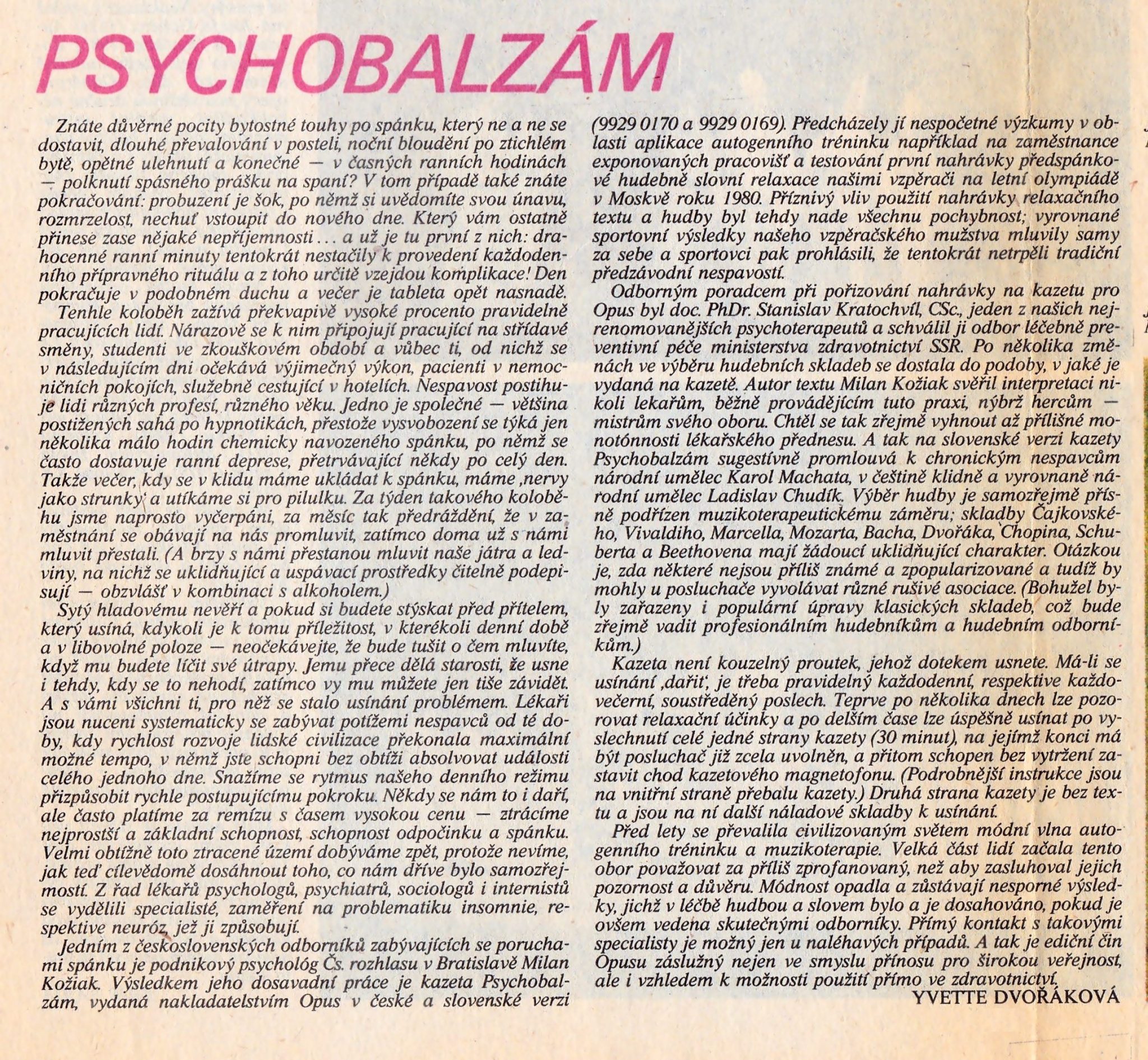 Recenzie GRAMOREVUE, č. 8, 1984, Yvette Dvořáková